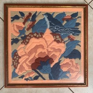 Vintage Crewel Floral Embroidered Framed Art
